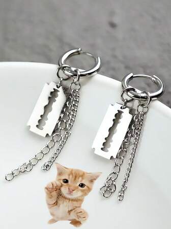 一对 0.25 * 1.0 毫米不锈钢耳环，男女通用，银色刀片和链条几何耳环，镂空吊坠耳环，简约中性哥特朋克耳环，蝴蝶款式