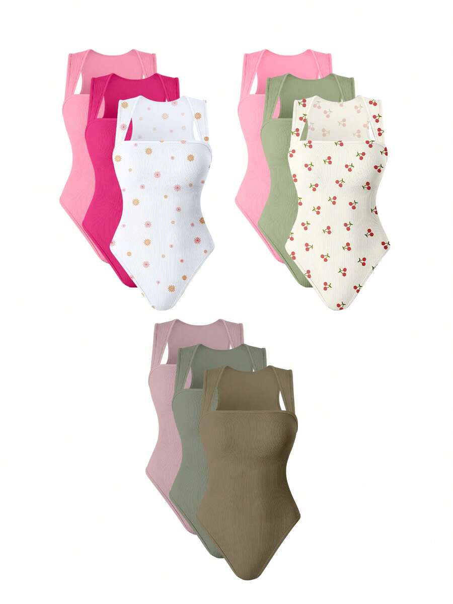 OQQ 3 Piece Bodysuits For Women Sexy Ribbed Strappy Square Neck Stretch Tank Tops Bodysuits - 糖果粉火龍果色太陽花白桃紅豆綠櫻桃米皮粉淺灰綠灰褐色 - 查看 1