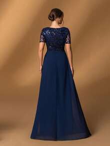 Faeriesty Elegante vestido formal de la madre de la novia con cuello redondo, manga corta, corte evasé y diseño bordado con flujo - Perfecto para recepciones de bodas, cenas formales, galas benéficas, grandes banquetes y recepciones de alto nivel - Azul Marino - Ver 3