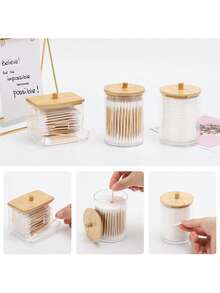 3pcs Cotton Swab Storage Box, Ball Pad Dispenser, Clear Acrylic Holder With Bamboo Lid, Bathroom Cosmetic Organizer Set - Multicolor - View 7