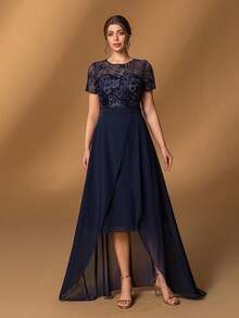 Faeriesty Mosy 女士刺绣短袖亮片撞色雪纺正式派对礼服及新娘母亲礼服，适合晚宴、宴会、婚礼及红毯活动 - 藏蓝色 - 查看 4