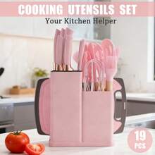 XBJ 19-Piece Kitchen Utensil Set Including Spatulas, Spoons, Knives And Other Kitchen Utensils, Cooking Utensil Set With Storage Rack, Kitchen Utensils, Kitchen Utensil Set, Black Knife Sets, Pink Knife Sets, Stainless Steel Knife Sets, It Is Suitable For Daily Household Use And Small Catering. Cutting Is Efficient And Effortless, And Novices Can Also Easily Control It. A Set Meets All Kitchen Knife Needs. Suitable For Kitchen, Courtyard, Christmas Party, Holiday Gifts, Halloween, Christmas Gifts - Bộ dụng cụ nhà bếp nhiều màu - Xem 11