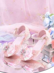Zapatos de tacón alto con cristales azules para niñas, nuevas sandalias infantiles, zapatos con decoración de lazo de encaje hueco y semi-cerrados, zapatos de fiesta de princesa con brillo - Tacones pequeños cómodos adecuados para niñas, diseño de hebilla con brillo rosa - Rosa - Ver 9