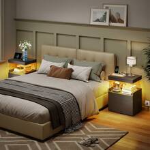 Tomnk 2pcs White LED Nightstand With Charging Station, Night Stand With LED Lights, Modern Acrylic Floating Sofa Bed Side Table With Storage Drawers And Power Outlet For Bedroom - 查看 2