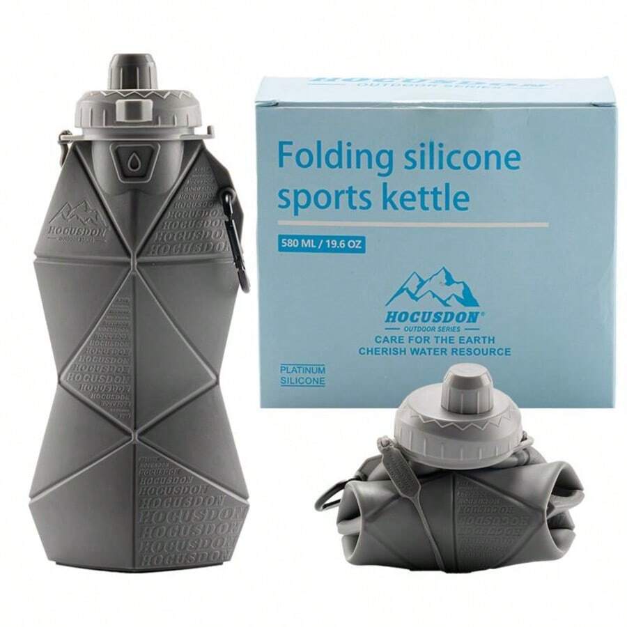 1PC 580ml/19.6oz GRAY Portable Silicone Water Bottle, Foldable LeakProof Sports Drinkware With Handle, WashableReusable Mug - Grey - View 1