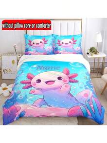 3 Peças Conjunto de Capa de Edredom Macio e Resistente a Rasgos com Estampa Fofa de Axolotl - Roupa de Cama Personalizável para Todas as Estações - Inclui 1 Capa de Edredom e 2 Fronhas (Sem Enchimento)