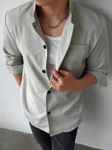 WAIT HIM Men's Solid Color Regular Shoulder Casual Solid Color Shacket - Light Grey - View 4