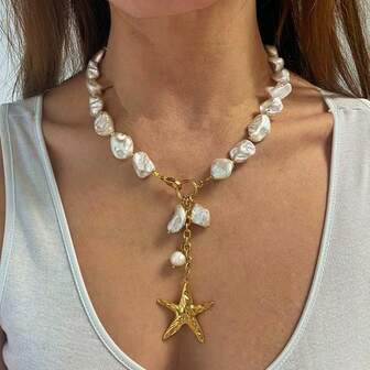 1 pieza Collar con colgante de estrella de mar de acero inoxidable dorado, collar con concha de cuentas, accesorio de moda para mujer