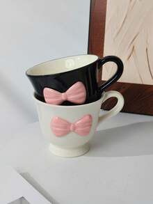 1pc Black & Pink Bow Ceramic Cup, Cute & Sweet Ceramic Cup With 3D Bow And Stem Design, Suitable For Coffee, Beverages, Sweet & Chic Home Decor And Gifts For Friends