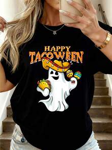 Tacoween Halloween Mexico Ghost Mexican Taco Costume T-Shirt Casual Graphic Fashion For Women Sports Top For Women - 黑色 - 查看 1