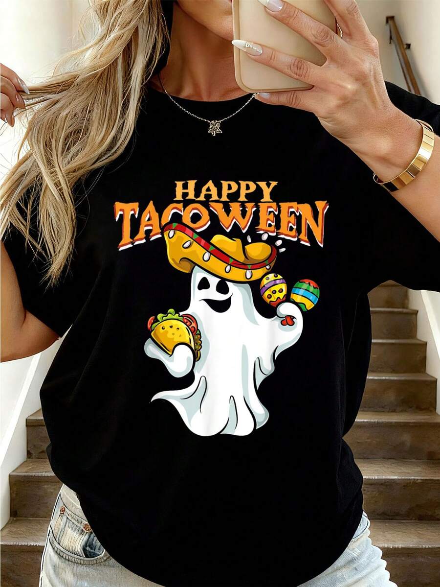 Tacoween Halloween Mexico Ghost Mexican Taco Costume T-Shirt Casual Graphic Fashion For Women Sports Top For Women - 黑色 - 查看 1
