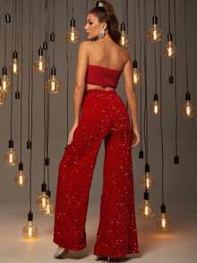 And Fashionable Women's Suit, One Neck Strapless, Applique Technique, Mid Waist Slimming Pants, Solid Color Sequins, Fashionable Casual Wide Leg Pants, Cocktail Party, Party, Christmas, Nightclub, Banquet, Film Festival, Cinema, Dance Party, Cocktail Party, Bar, Wedding, Graduation Ceremony, Back-To-School, Birthday Party, Rebellious Girl, Festival-Themed Party, Outwear, Street Fashion, Fashion Show, Date, Easter, Mother's Day, Going To Work At University, School, Village, Concert, Street Girl, Young Girl, Country Outfits For Women, Best Outwear For Women, Women's Vacation Clothing, Country Concert Outfit, Country Outfits For Women, Streetwear, Concert Outfit For Women, Boho Women's Clothing, Country Concert Outfit, Concert Outfits, Vaquera Outfit, Y2K Clothes, Women's Club Outfits, Y2K Women's Clothes, Women's Clothing, Country Concert Outfit For Women - 紅色 - 查看 3