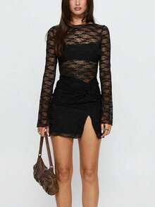 Sexy & Fashionable Round Neck Semi-Sheer Lace Long Sleeve Slit Mini Dress, Suitable For Spring/Summer - Black - View 6