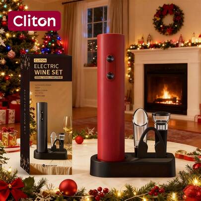 CLITON Bộ quà tặng mở rượu điện 5 trong 1, bao gồm máy mở rượu điện, dụng cụ mở nút chai chạy bằng pin, dao cắt giấy bạc, dụng cụ rót rượu, nút chặn và đế giữ rượu, món quà rượu lý tưởng cho sinh nhật, đám cưới, tân gia.