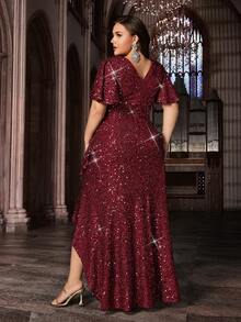Glamorous Curve Women Sequins Formal Dress Appliques Evening Gown Plus Size Asymmetrical Hem Flounce Sleeve Party Prom Dresses