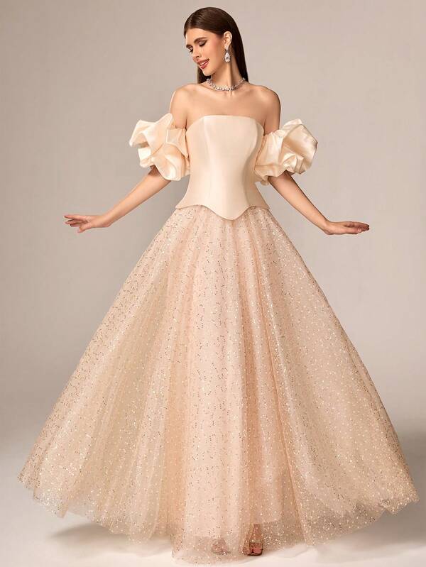 VIPGIRL New Champagne Strapless Handmade Floral Cutout Shoulder Design Mesh Patchwork Pleated Elegant Luxury Formal Evening Gown