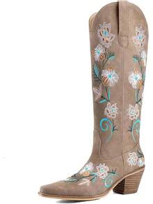 Women's Western Cowboy Boots Knee High, Floral Embroidered Vintage Cowgirl Boots With Pointed Toe & Chunky Heel, Pull-On Tabs For Country Style, Concert, Party And Daily WearChristmas - 時尚駱駝 - 查看 1