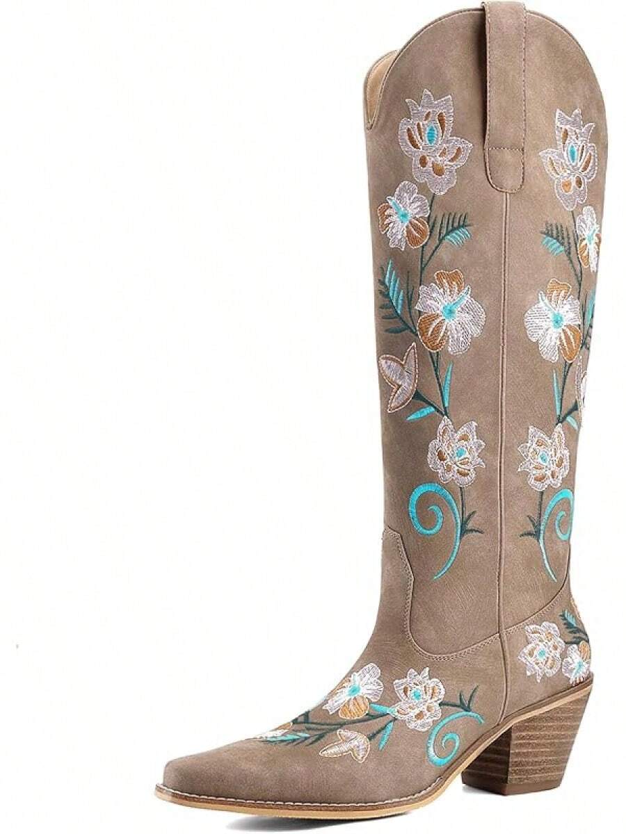 Women's Western Cowboy Boots Knee High, Floral Embroidered Vintage Cowgirl Boots With Pointed Toe & Chunky Heel, Pull-On Tabs For Country Style, Concert, Party And Daily WearChristmas - 時尚駱駝 - 查看 1