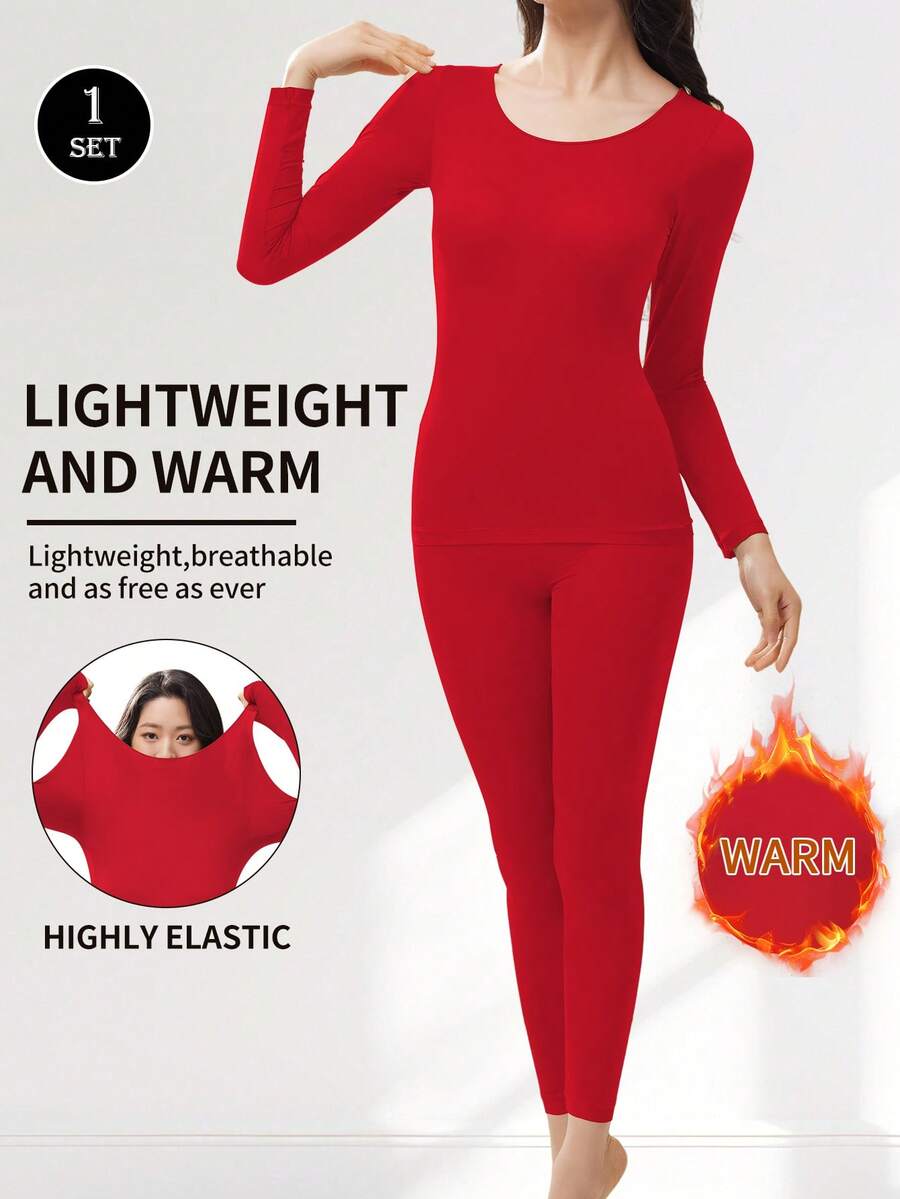 1 套女士无缝超薄保暖内衣套装 - 柔软舒适的长袖圆领上衣，舒适紧身保暖打底裤，适合作为内衣和睡衣，高品质面料，轻盈透气，非常适合叠穿。