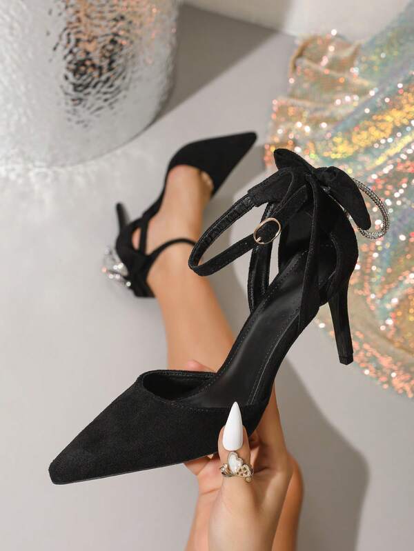 Pantofi cu toc înalt, cu cataramă și strasuri, scobiți în gol, potriviți pentru petrecere, nuntă în stil occidental, primăvară/vară