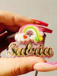 A Custom Name Necklace - Rainbow Glitter Acrylic Pendant With Stainless Steel Cuban Chain, Pink Cute Creative Jewelry, Daily Wear, Birthday Christmas Gift, Graduation Teacher's Day, Personalized Accessories, Fun Font Style - Multicolor - View 3