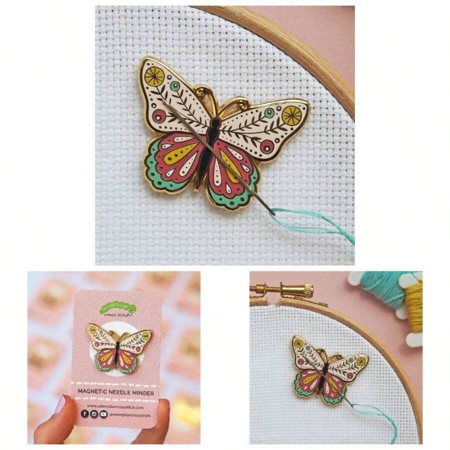 - Minder de agujas de punto de cruz, mariposa, para costura, bordado y accesorios de costura, esmalte y magntico - Rosa, amarillo, verde - Ver 1