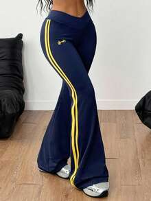 女士休闲喇叭裤，撞色条纹拼接 - 藏蓝色 - 查看 4