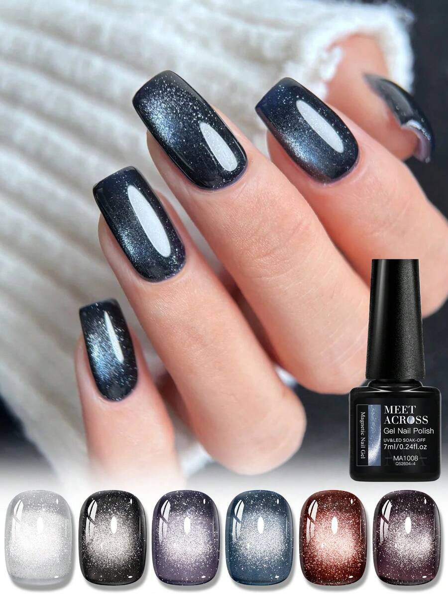 MEET ACROSS 6件套闪亮梦幻猫咪磁性凝胶指甲油套装，超闪亮玻璃珠效果半永久可卸UV凝胶指甲油美甲艺术家用及美甲沙龙用品 - 彩色 - 查看 1