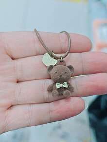 1pc Cute Brown Plush Bear Pendant Necklace, Long Sweatshirt Chain Accessory, Versatile Autumn/Winter New Design (Random Front/Back Metal Disc) - Multicolor - View 2