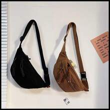 Velvet Waist And Shoulder Bag, Crossbody Style, Women's Fashion, Casual, Sporty, Ideal For Outings, Parties, Lightweight, Comfortable, Everyday Use - 黑色 - 查看 3