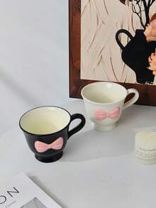 1pc Black & Pink Bow Ceramic Cup, Cute & Sweet Ceramic Cup With 3D Bow And Stem Design, Suitable For Coffee, Beverages, Sweet & Chic Home Decor And Gifts For Friends