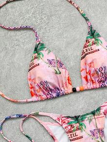 Bộ bikini hai mảnh in họa tiết retro dành cho nữ, kiểu buộc cổ yếm, kết hợp với phụ kiện nhựa tương phản và dây buộc dễ thương, thích hợp cho kỳ nghỉ, bãi biển, Giáng sinh, kỳ nghỉ hè. Bộ đồ bơi hai mảnh màu hồng phong cách thường ngày dành cho nữ, thích hợp cho khu nghỉ dưỡng biển. - Hồng - Xem 5