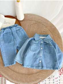 Timzgo 2pcs/Set Young Boy New Washed Blue Casual Loose Elastic Hem Denim Top & Loose Relaxed Tapered Denim Pants Set, Fashionable Versatile Design For Daily Wear - Light Wash - View 1