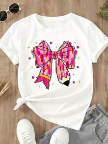 Women Casual Short Sleeve T Shirt  Pink Houndstooth Bow Print With Hearts And Stars Graphic Design For Everyday Wear Summer Outfits - White - View 3