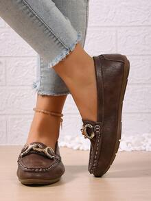 2025春季新款女士时尚金链优雅套脚乐福鞋，轻便舒适，百搭橡胶平底鞋 - 棕色 - 查看 6