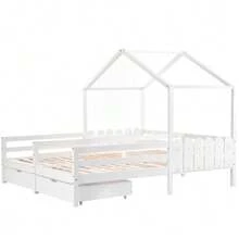 Cabin Bed, Double Bed, Children's Bed, Baby Bed With 2 MDF Drawers, Drawers On Wheels, Pine Slatted Base, White (200x90cm) - 白色 - 查看 7