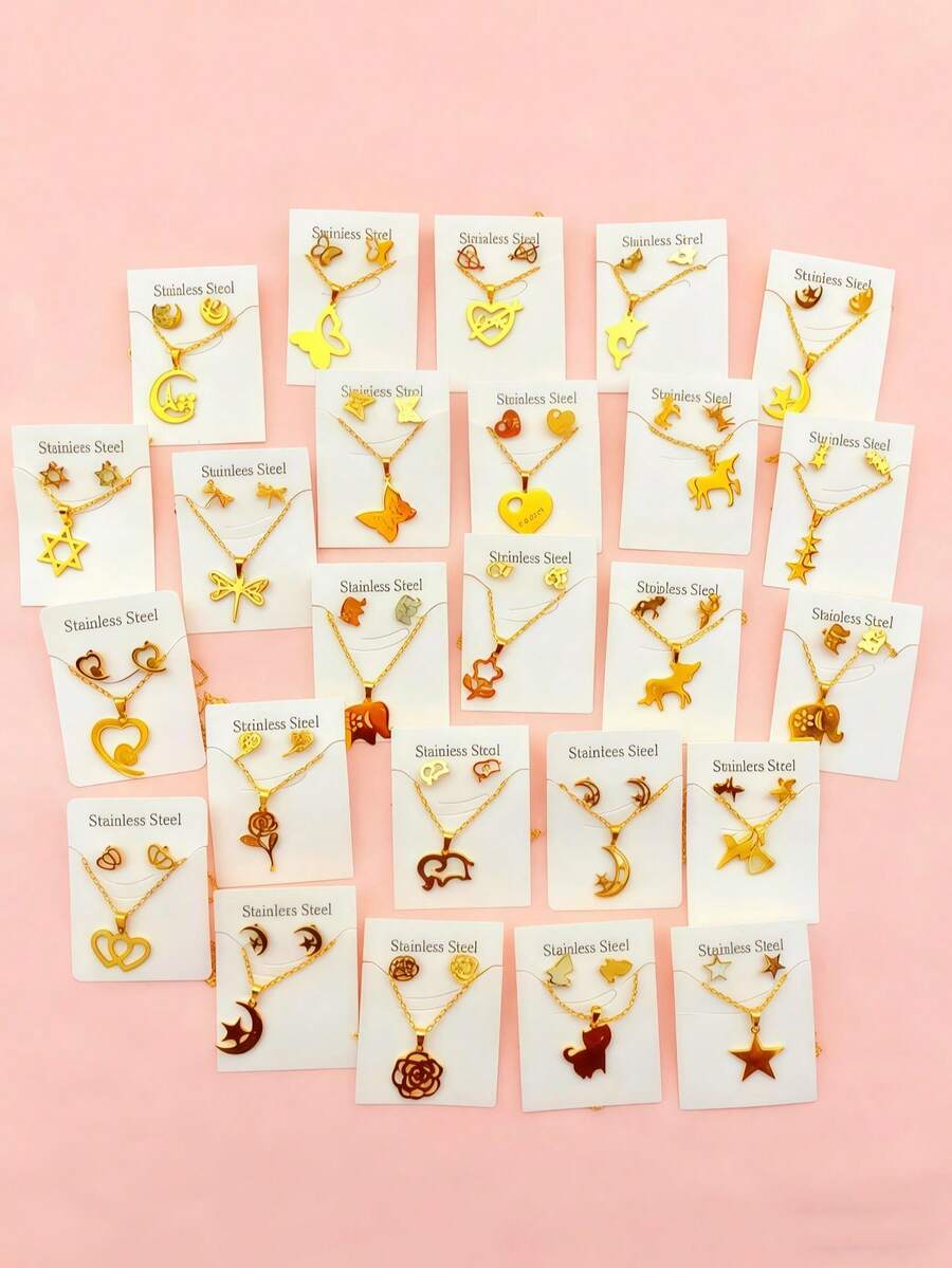10件套不锈钢蝴蝶、花朵、爱心首饰套装 - 项链和耳环,混搭款式,经久耐用,适合日常休闲佩戴 - 10組混款耳環項鍊套裝金色 - 查看 1