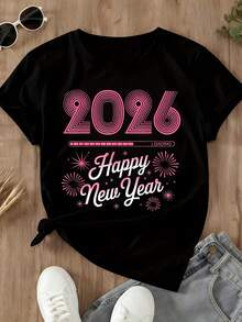 2026 Happy New Year Loading Pink Graphic T-Shirt Women's Casual Celebration Shirt - màu đen - Xem 3