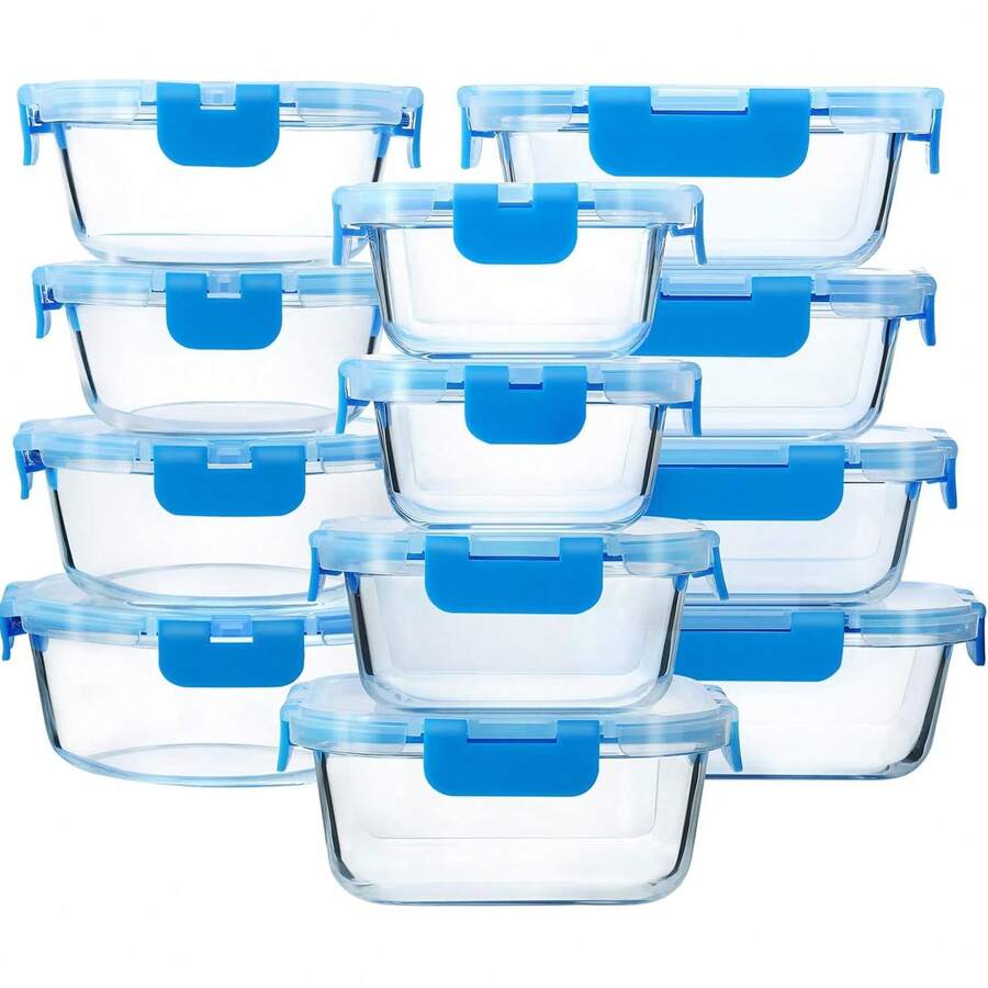 24-Piece Glass Food Storage Containers (12 Glass Bowls + 12 Lids) With Upgraded Snap Locking Lids – Airtight Lunch Containers, Suitable For Microwave/Oven/Refrigerator/Dishwasher (Gray) - 藍色 - 查看 1