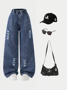 1件女童复古蓝色猫须做旧宽松直筒牛仔裤，休闲户外装，秋冬季 - 中等水洗藍 - 查看 1