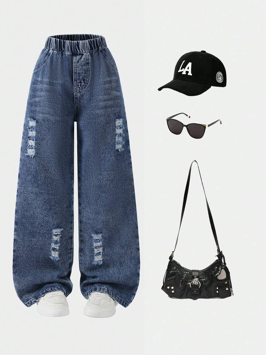 1件女童复古蓝色猫须做旧宽松直筒牛仔裤，休闲户外装，秋冬季 - 中等水洗藍 - 查看 1