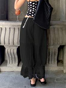 女士舒适百搭秋冬蕾丝拼布灯笼七分裤 - 黑色 - 查看 3