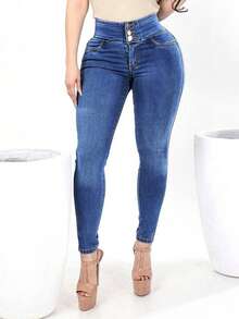 Quần jeans nữ cạp cao, co giãn tốt, có cúc cài, kiểu dáng yoga, màu trơn, thích hợp mặc mùa xuân. - Trung Lan - Xem 4