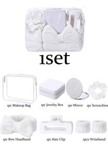 8件套女孩SPA派对礼品套装，粉色睡衣派对用品，包括蝴蝶结发带、腕带、发圈、发夹、首饰盒、化妆包、镜子，适合女性伴娘回礼 - 白色 - 查看 7