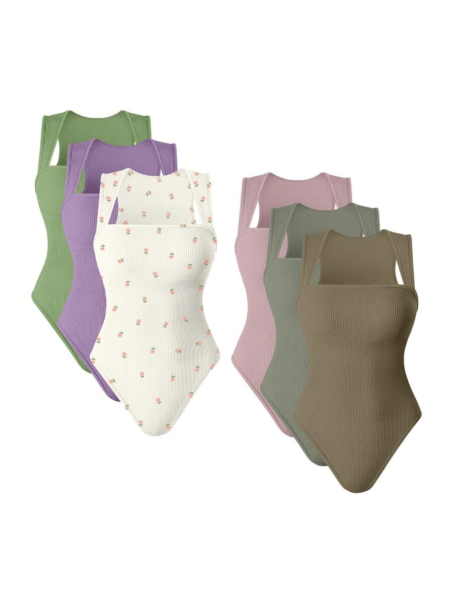 OQQ 3 Piece Bodysuits For Women Sexy Ribbed Strappy Square Neck Stretch Tank Tops Bodysuits - 酪梨綠,香芋紫,玫瑰米,皮粉,淺灰綠,灰褐色 - 查看 1