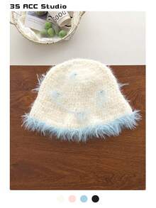 Minimalist Knitted Bucket Hat With Elegant White Bow, Women's Warm Ear Protection Large Head Circumference Knitted Hat, Sweet Cute Handmade Crochet Knitted Hat, Versatile Knitted Hat With Ear Protection, Bucket Hat