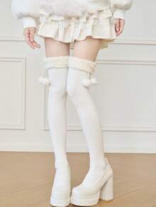 1双仿毛球过膝袜，加厚保暖，可爱洛丽塔风格，适合秋冬季穿着 - 彩色 - 查看 8