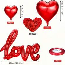 Bộ trang trí bóng bay lãng mạn ngày Valentine, bao gồm 500 cánh hoa hồng đỏ, 20 bóng bay hình trái tim màu đỏ, 1 bóng bay chữ "Love". Thích hợp cho cầu hôn, đính hôn, đám cưới, kỷ niệm, lễ Valentine, tỏ tình, có thể dùng làm phông nền trang trí cho nhiều dịp khác nhau. Chất liệu giấy bạc, không cần điện. - Đỏ - Xem 2