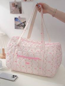 Fashionable Travel Fitness Tote Bag Gym Bag Large Capacity Yoga Bag Quilted Floral&Bow Handbag Multifunctional Duffel Bag Weekender Overnight Sports Bag Travel Business Trip Luggage Handbag Weekend Commute Handbag Handbag For Travel Daily Lift ,Outing ,Work - 粉色 - 查看 1