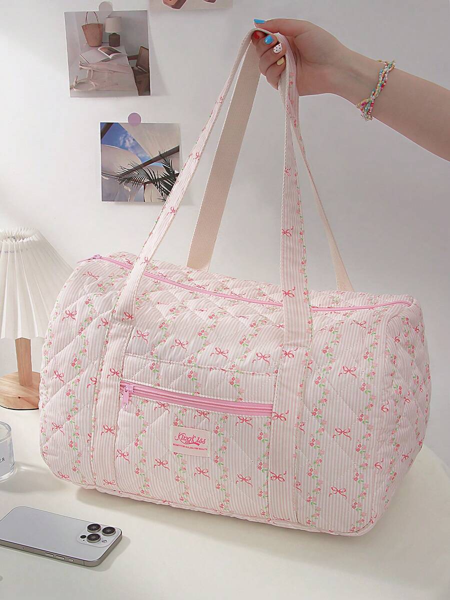 Fashionable Travel Fitness Tote Bag Gym Bag Large Capacity Yoga Bag Quilted Floral&Bow Handbag Multifunctional Duffel Bag Weekender Overnight Sports Bag Travel Business Trip Luggage Handbag Weekend Commute Handbag Handbag For Travel Daily Lift ,Outing ,Work - 粉色 - 查看 1